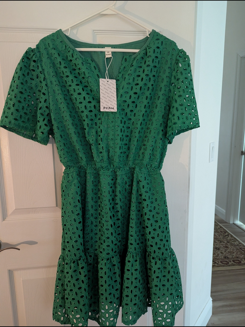 Rumia Green Eyelet V‑Neck Tiered Mini Dress